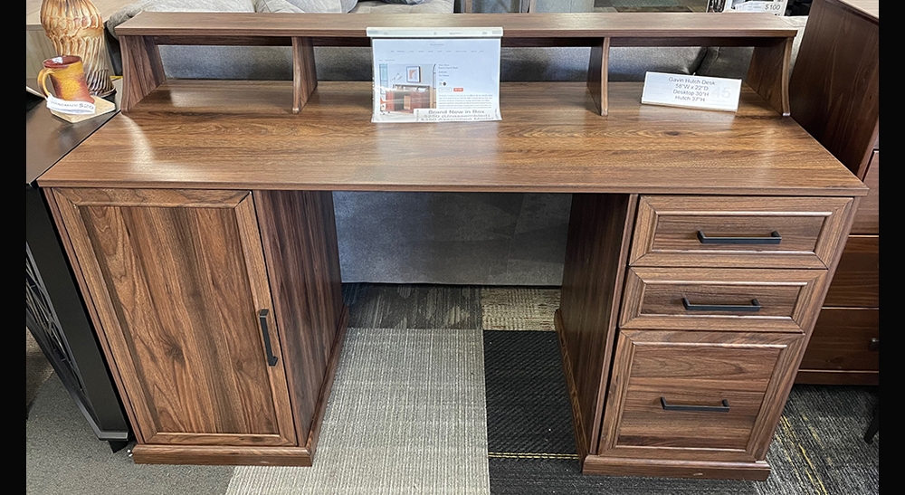 1895 1-door, 3-drawer wooden desk with hutch