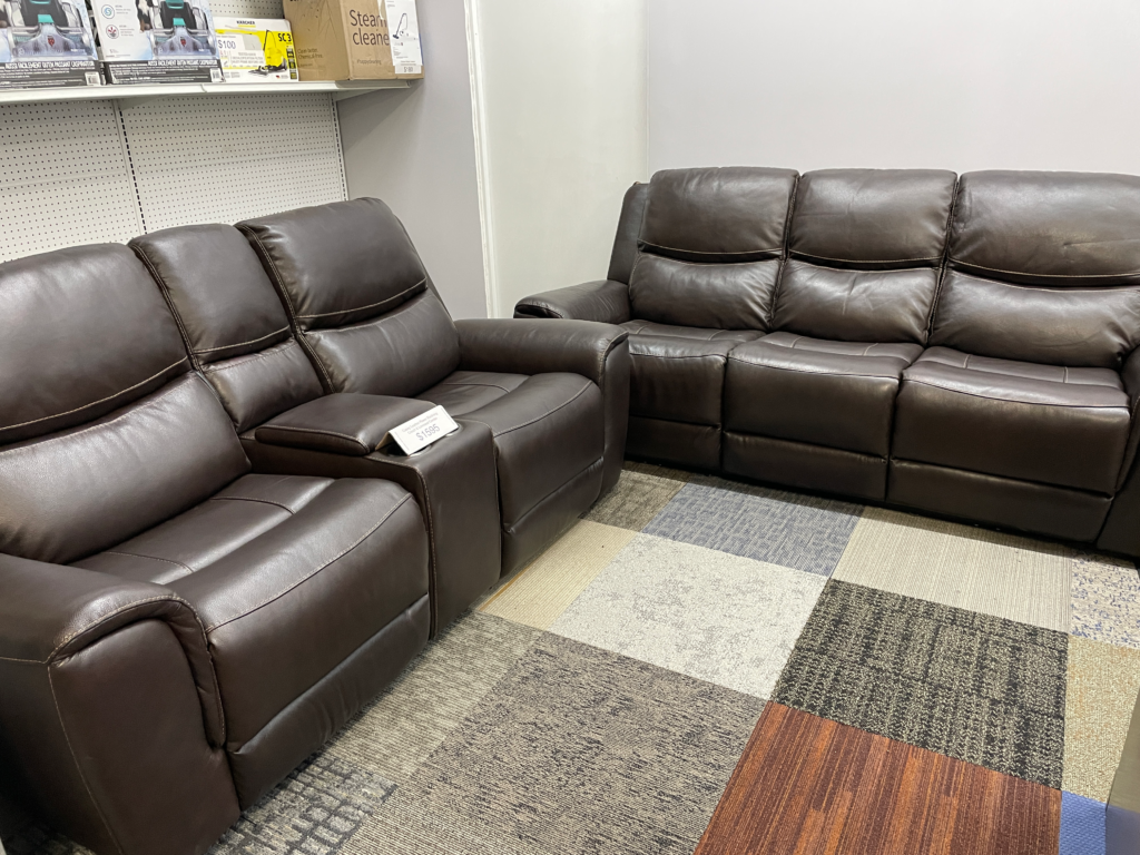 Dark brown leather couch and love seat
