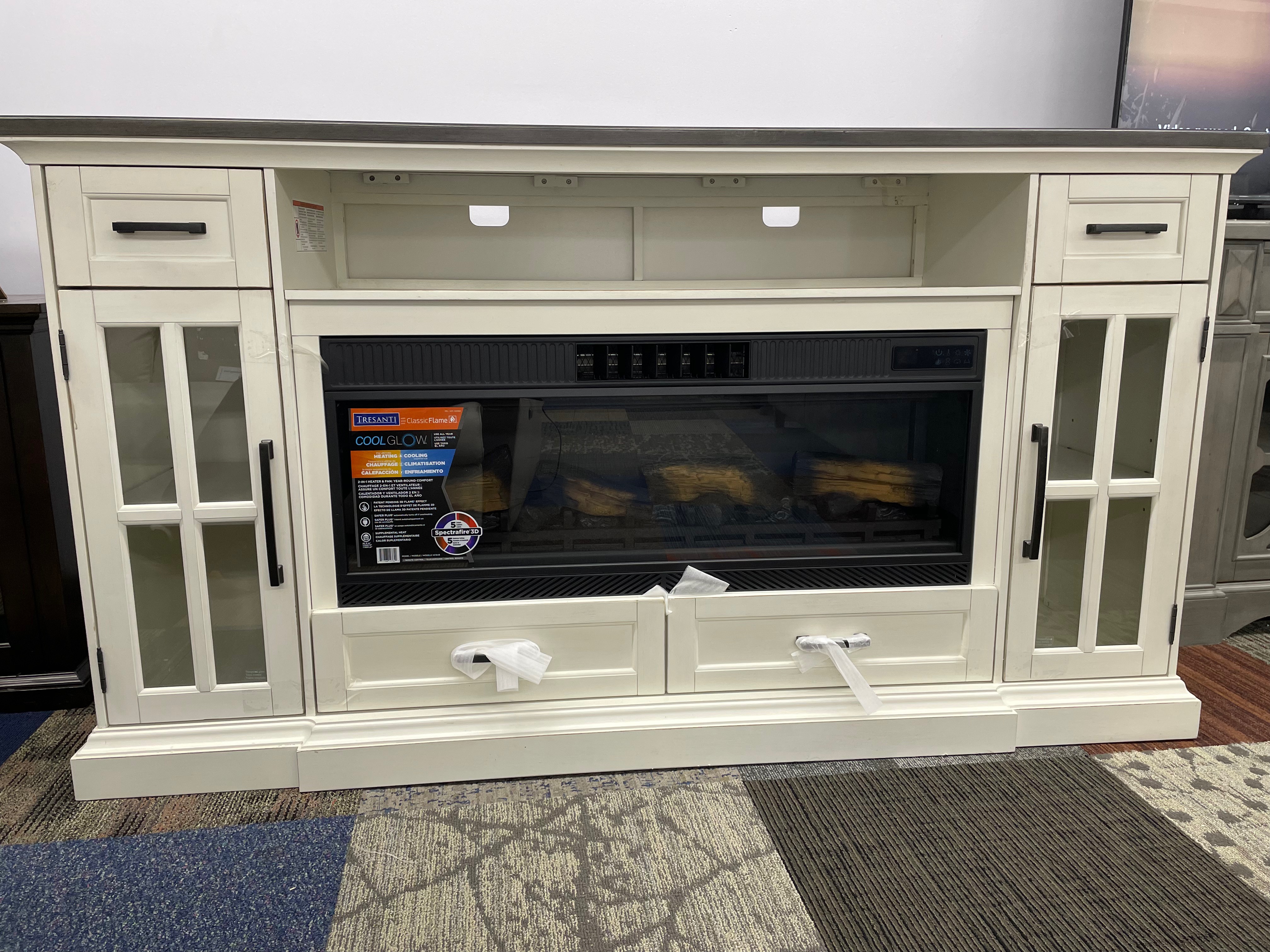 White TV console with fireplace insert