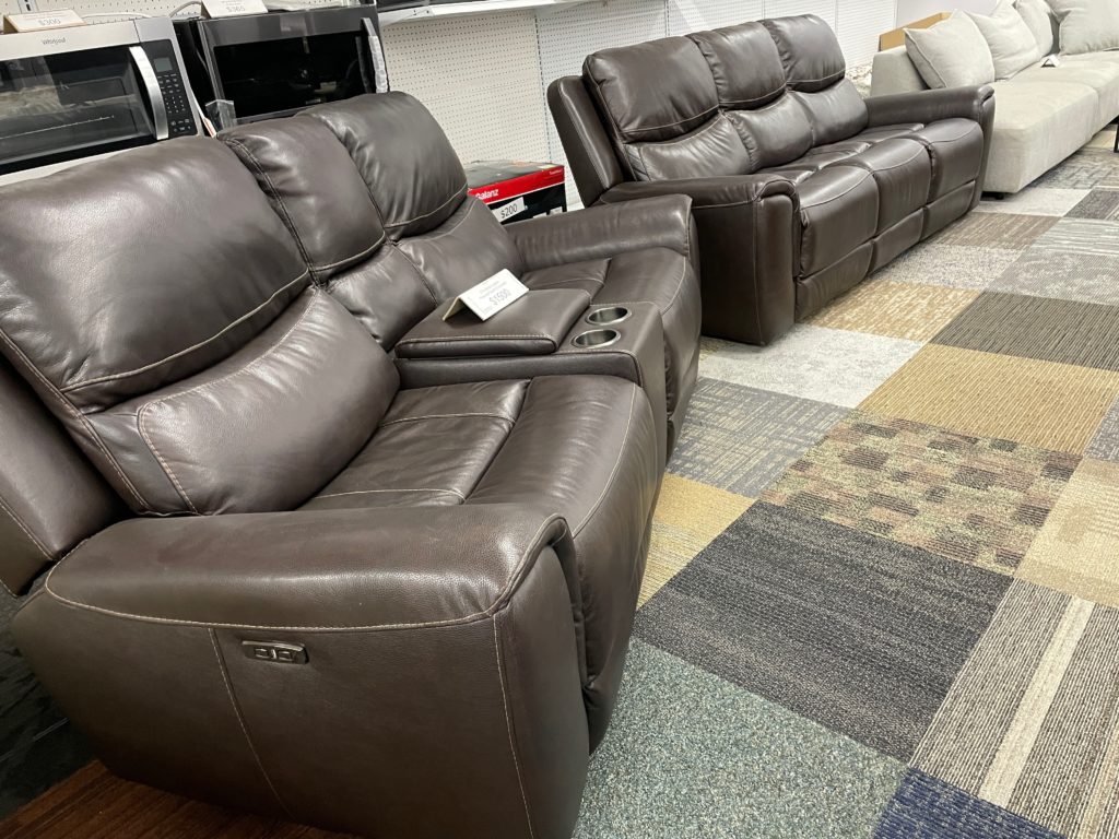 Brown leather couch with console and brown leather couch