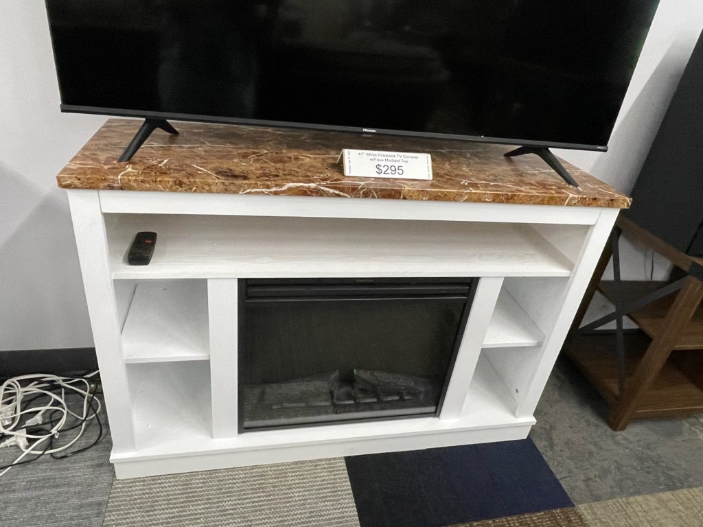 White TV console with marble top, 5 shelves and fireplace inset