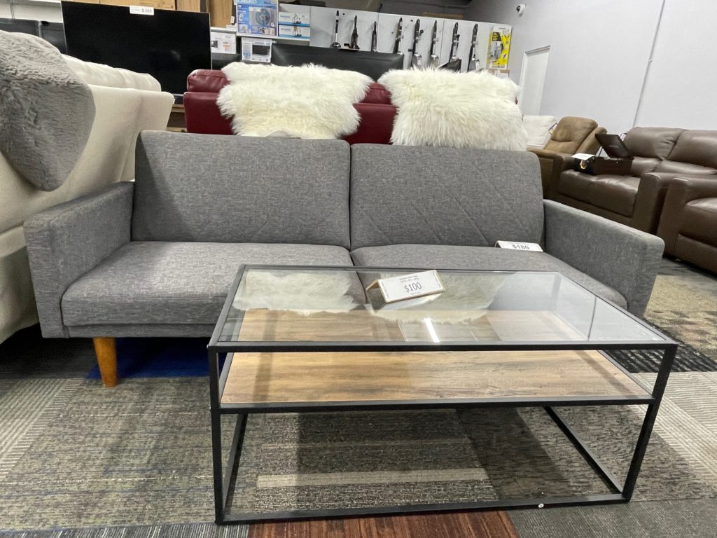 Gray fabric wide loveseat, glass top coffee table