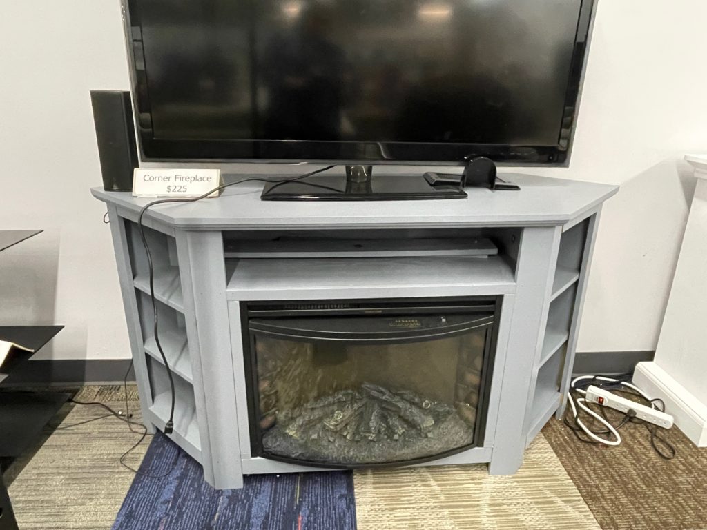 Gray TV Console with 6 shelves and fireplace insert