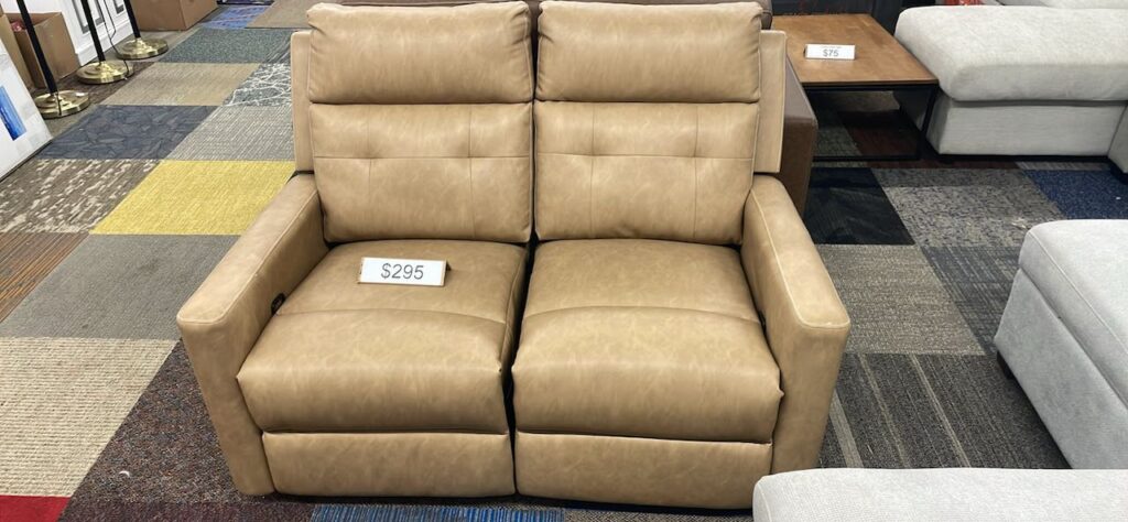 Light brown leather reclining mini couch