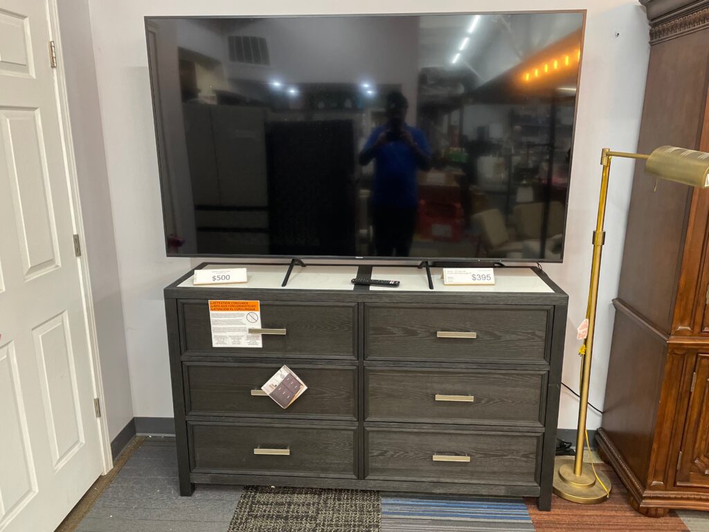 TV Console - Dark gray wood with 6 drawers and white top