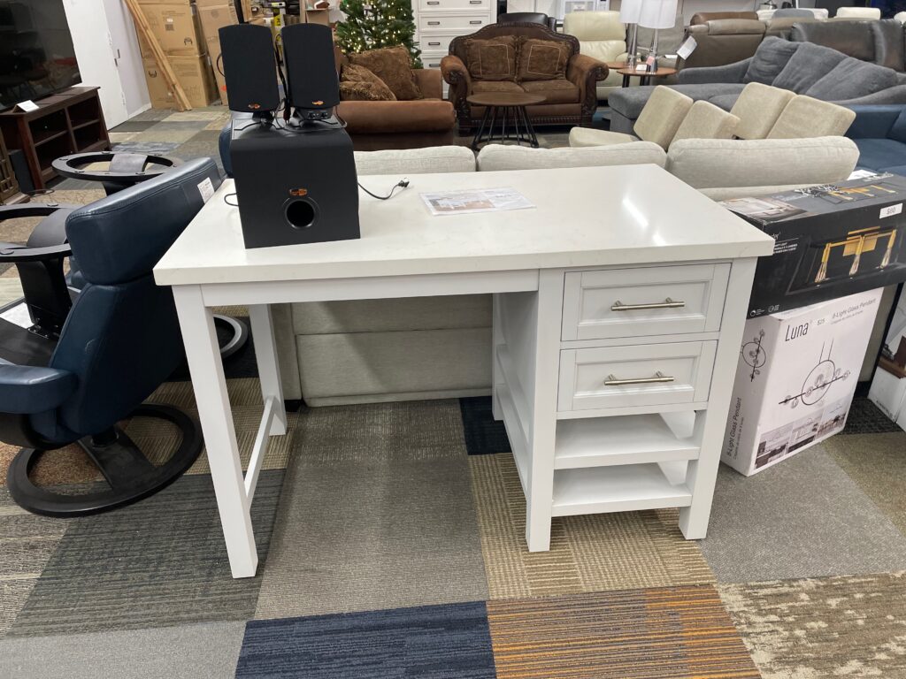White wooden desk with 2 drawers and 2 shelves