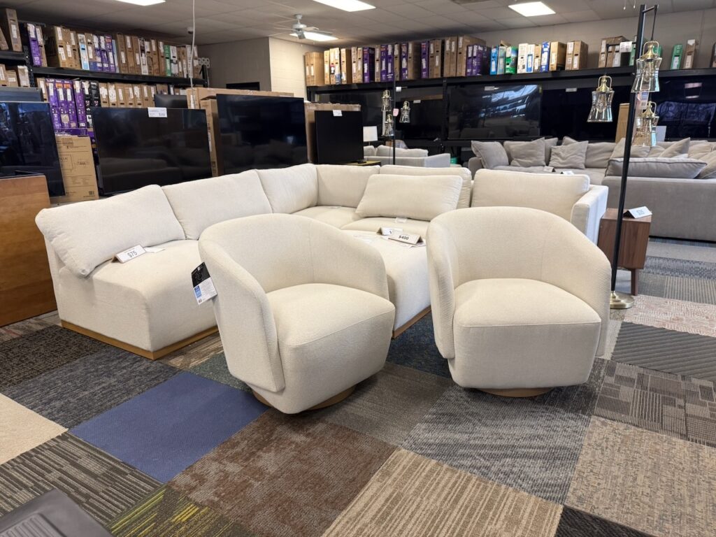 White sectional with matching chairs